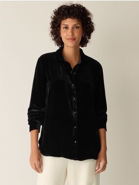 Eileen Fisher velvet rayon/silk Classic collar button front shirt sz L